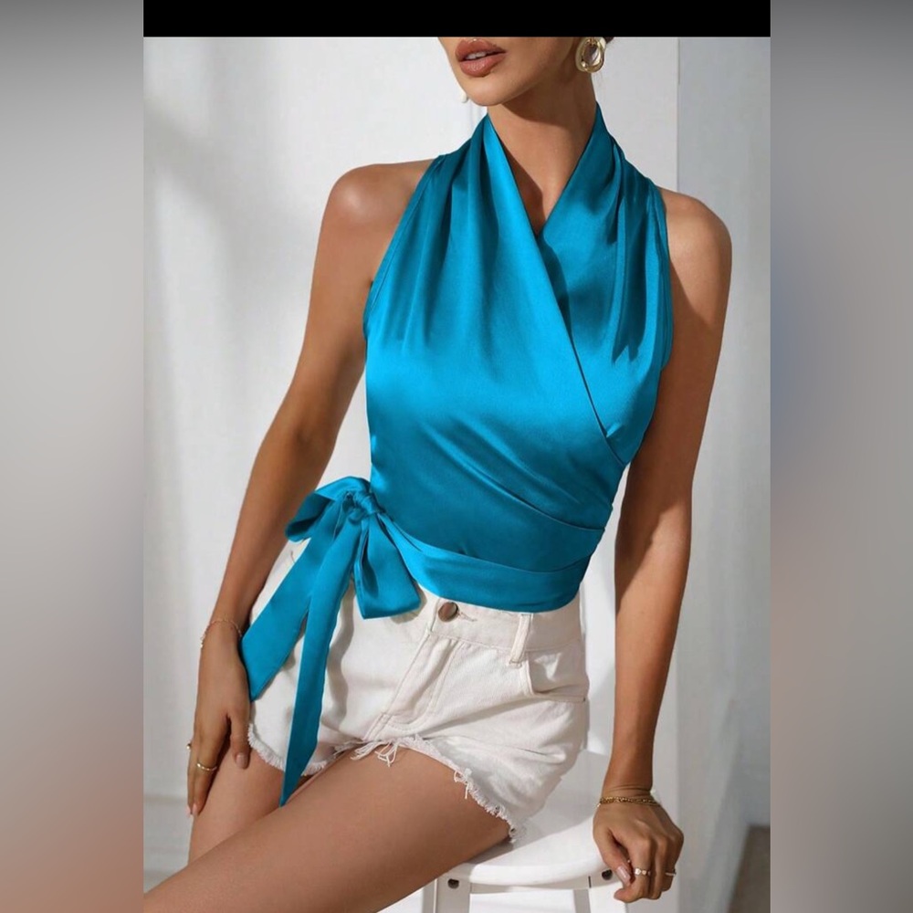 Women’s turquoise silky wraps side tie halter top new size small